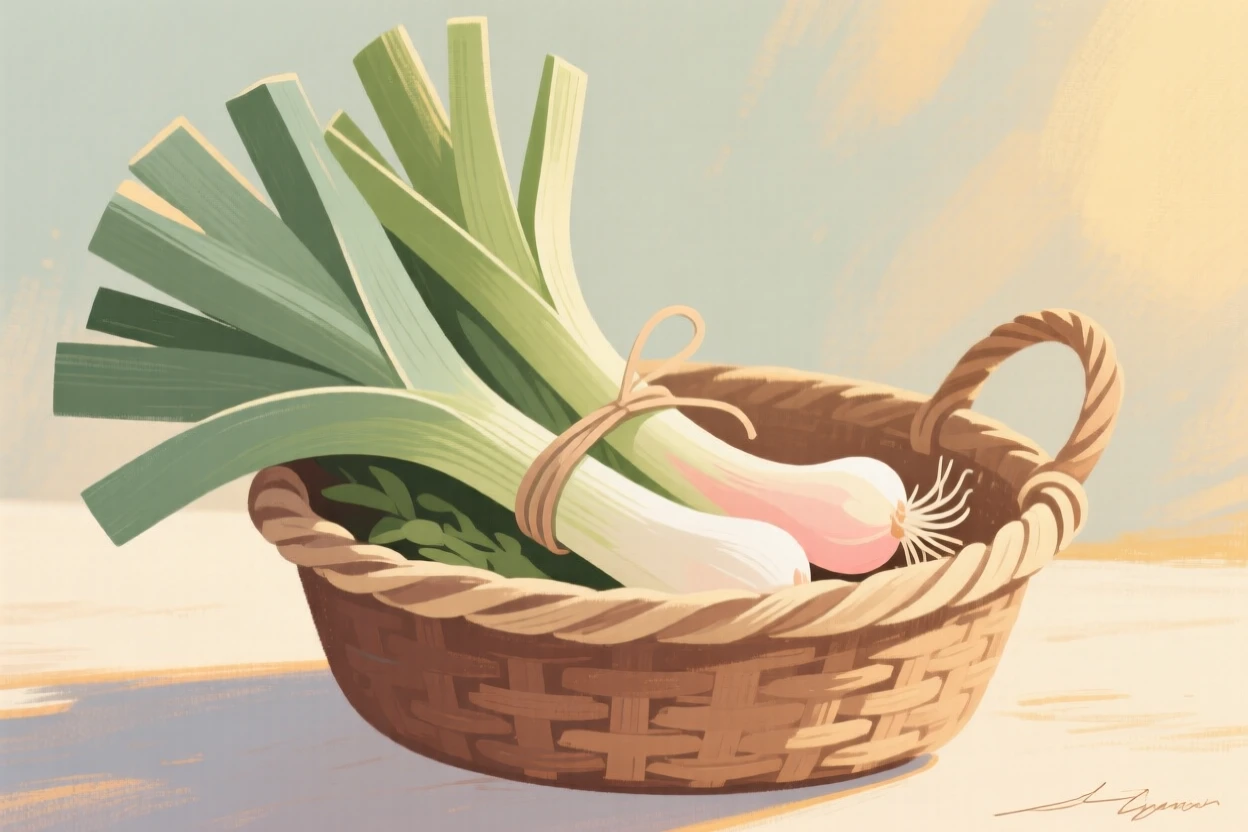 A basket of freshly cut leeks and spring onions tied together