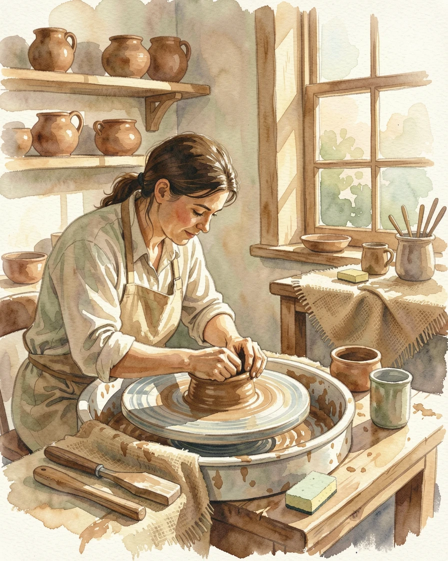 A potter shaping clay at a wheel surrounded by a warm and inviting setting.