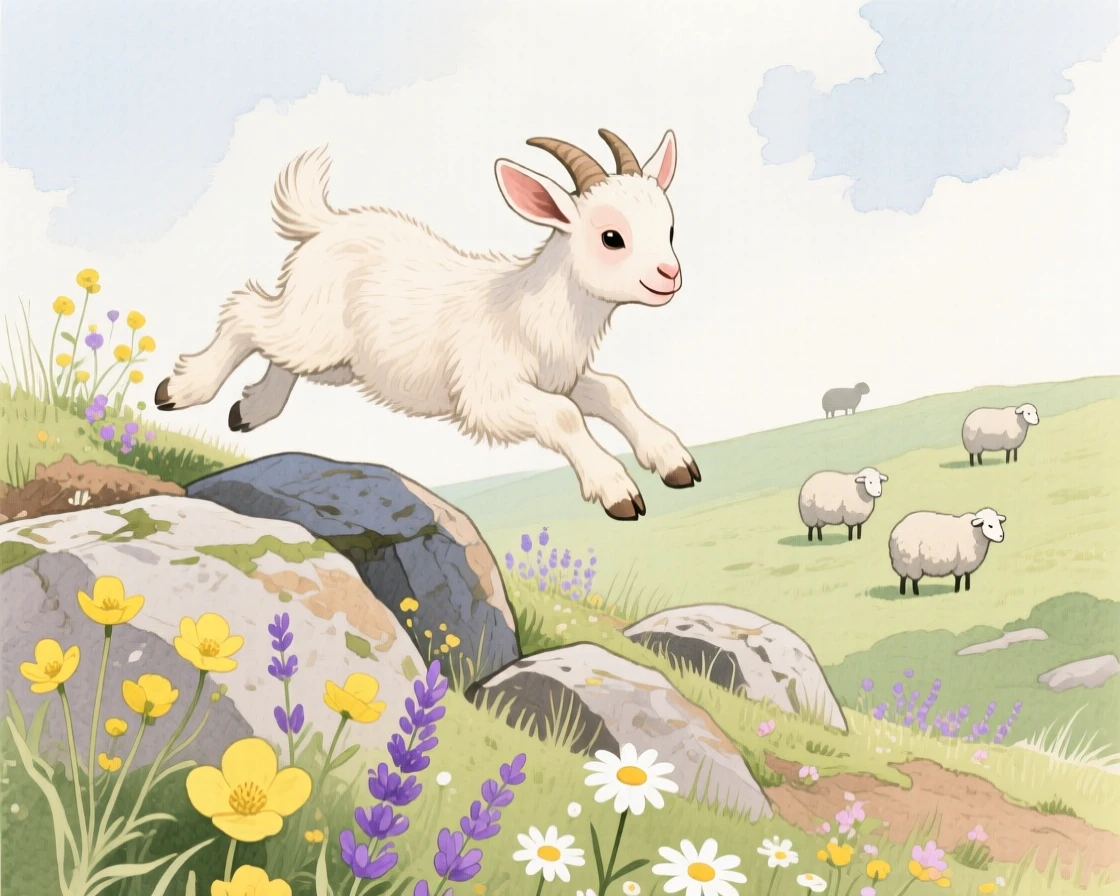 A baby goat leaps sideways on a rocky hillside pasture, ears flapping, surrounded by wildflowers and grazing sheep