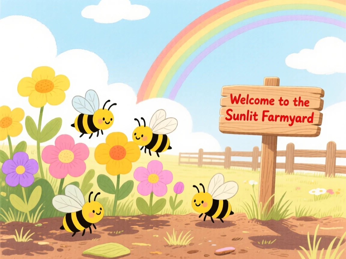 A group of bees visiting flowers resting peacefully in a sunlit farmyard just after a rainbow appears.