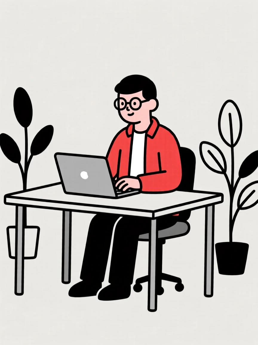 Cartoon illustration of a person with glasses working on a laptop at a desk, wearing a red jacket, with plants around.