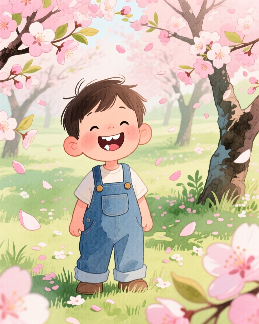 A small boy in overalls showing off a gap-toothed grin after losing a tooth, in a blossoming cherry tree garden, full of innocent laughter and delight.