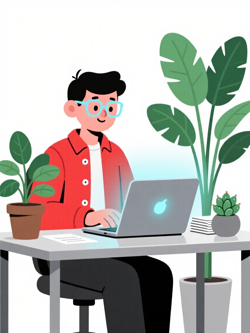 Cartoon illustration of a person with glasses working on a laptop at a desk, wearing a red jacket, with plants around.