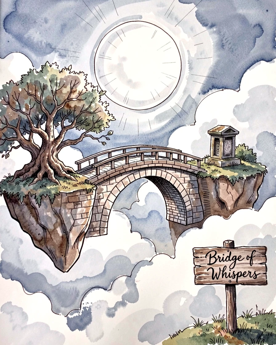 A moonlit bridge arching between two floating islands in the clouds, the atmosphere charged with quiet, ancient magic.