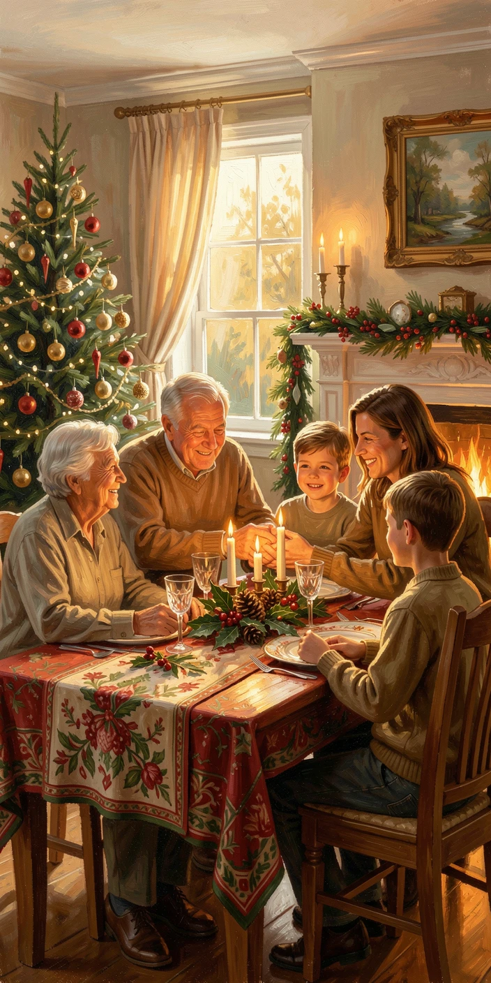 At golden hour, light glowing softly around them, a family gathered around a table for a holiday meal, in a cozy living room decorated for the holidays, hands joined in a warm embrace.