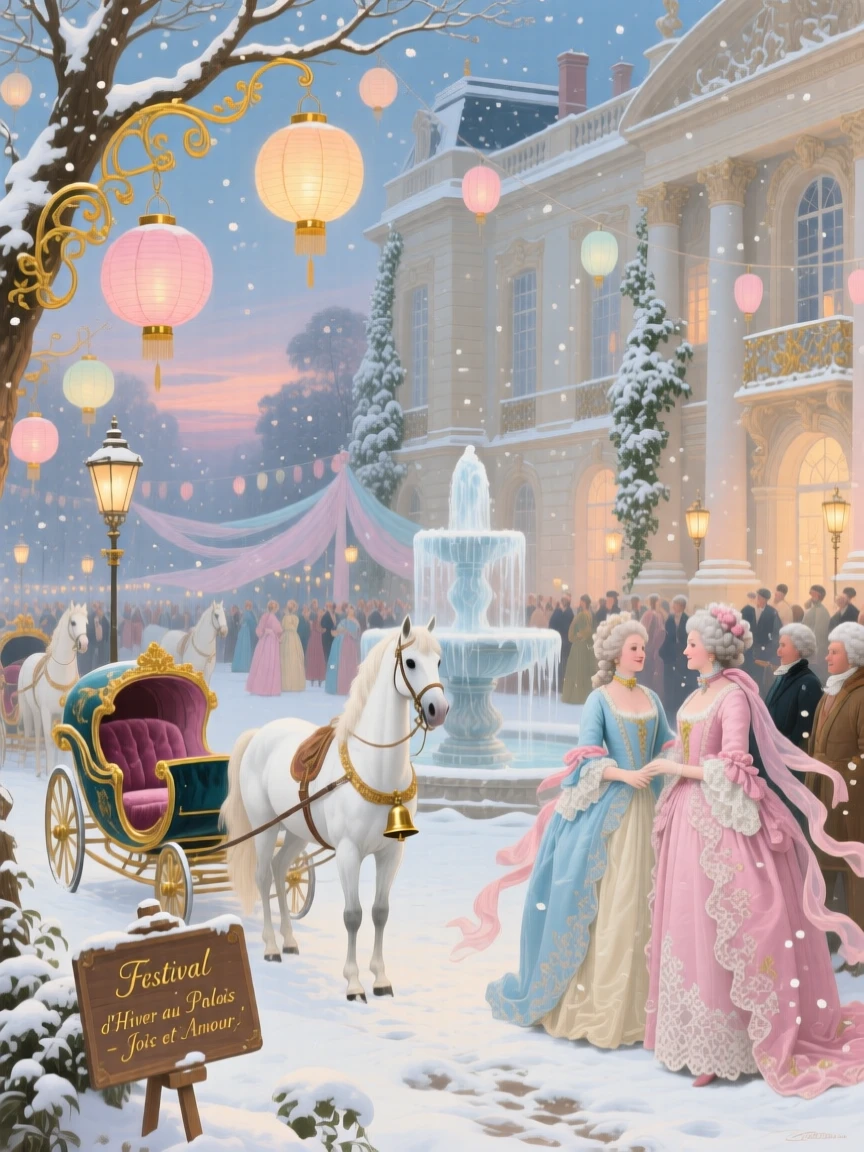 A winter festival in a palace courtyard filled with lanterns and sleighs  