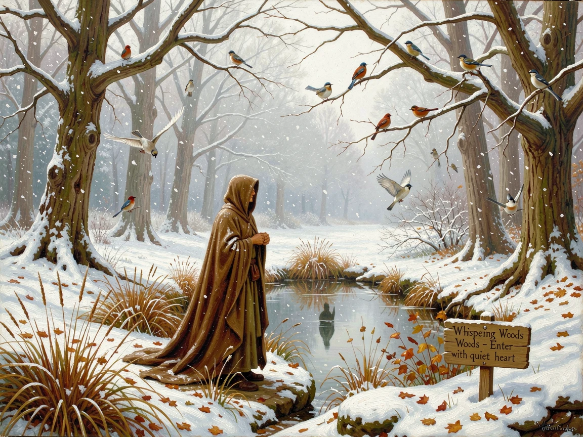 A hooded traveler listens to birdsong in a quiet glade beside a hidden pond as the first snow begins to fall.