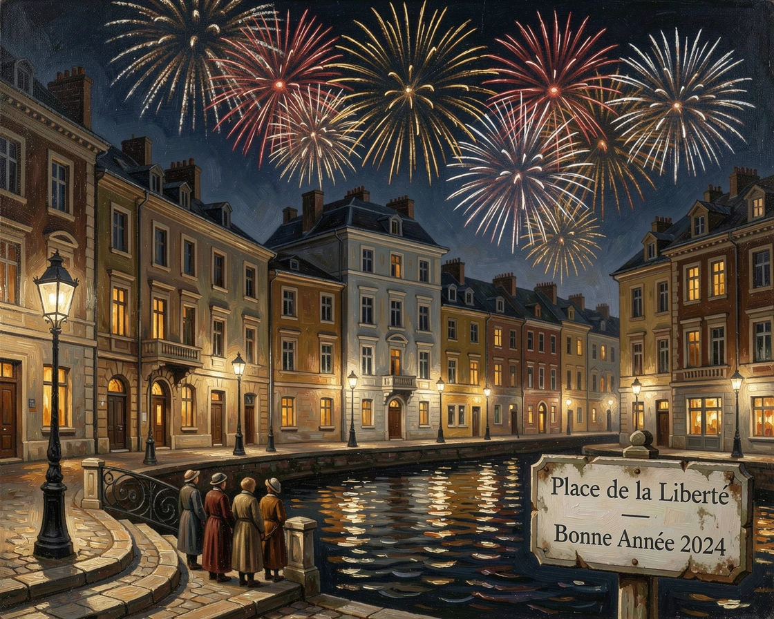 A New Year's Eve fireworks display lighting up a city skyline at midnight, with warm, inviting light glowing throughout the scene, designed to bring festive cheer to any home or gallery wall