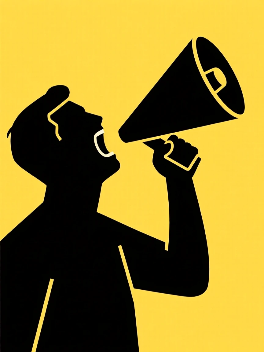 Illustration of a man shouting into a megaphone, set against a bright yellow background.