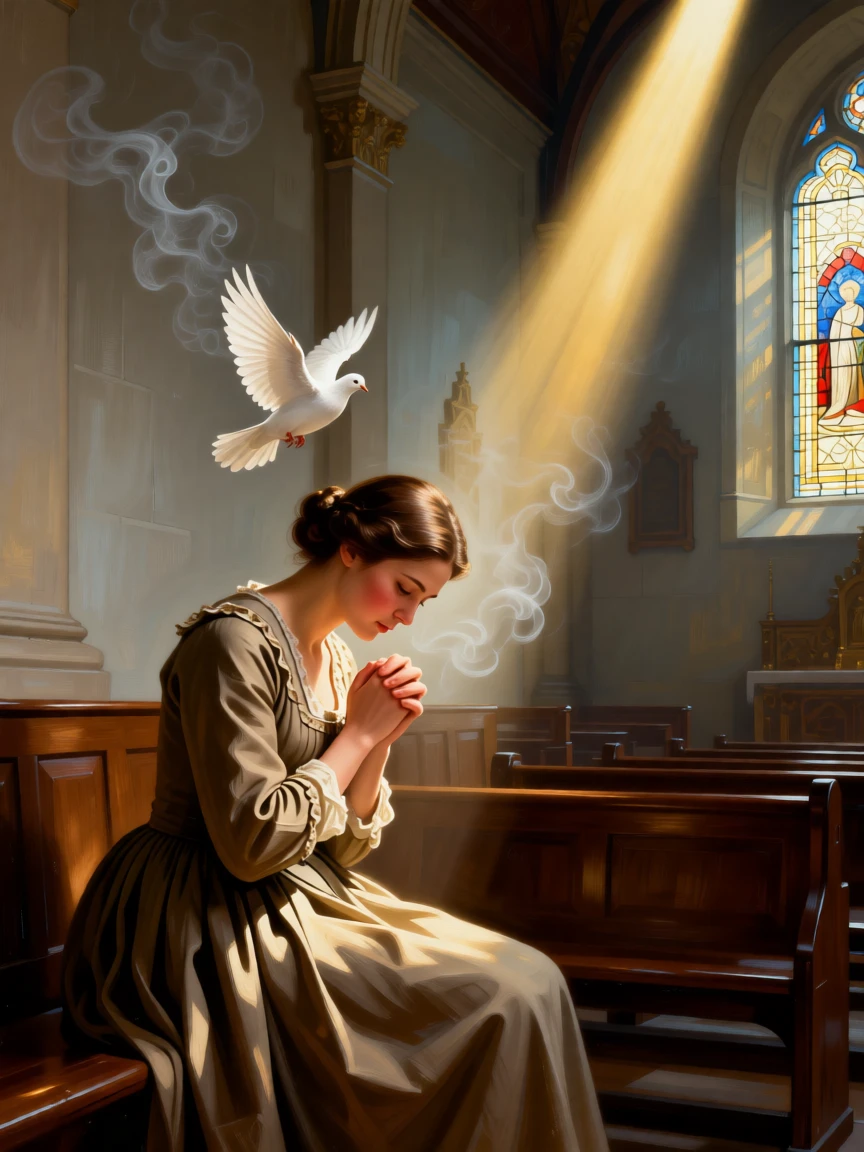 A grieving figure finding solace in a quiet moment of prayer in an instant of grace touching the ordinary world, set within a sunlit chapel filled with drifting incense smoke, with a single dove or beam of light marking the sacred moment; the composition places the central figure within a halo of natural light, suggesting the enduring comfort of belief and community.