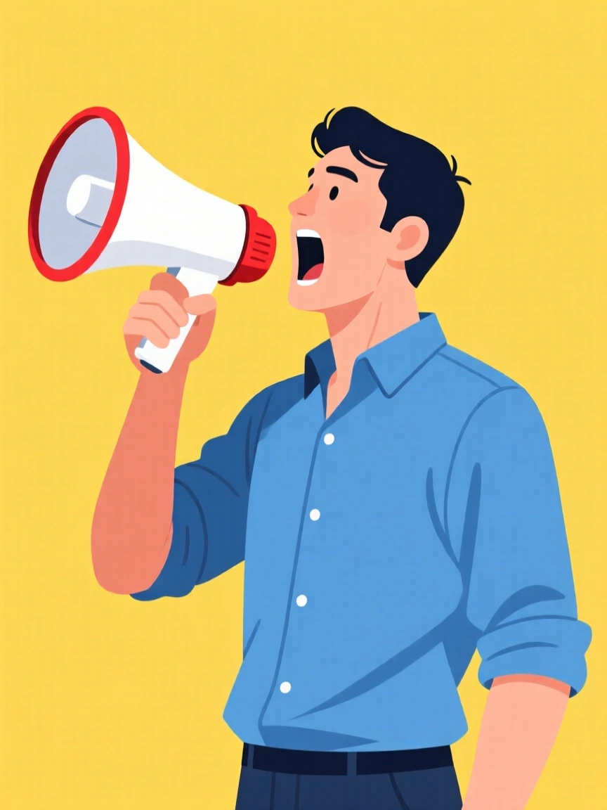 Illustration of a man shouting into a megaphone, set against a bright yellow background.