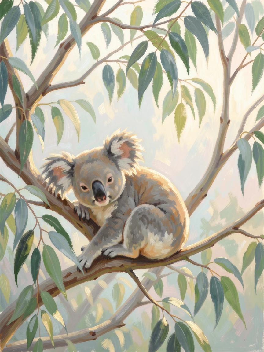 A koala resting among eucalyptus branches, soft morning light filtering through the leaves, evoking timeless charm and quiet elegance.
