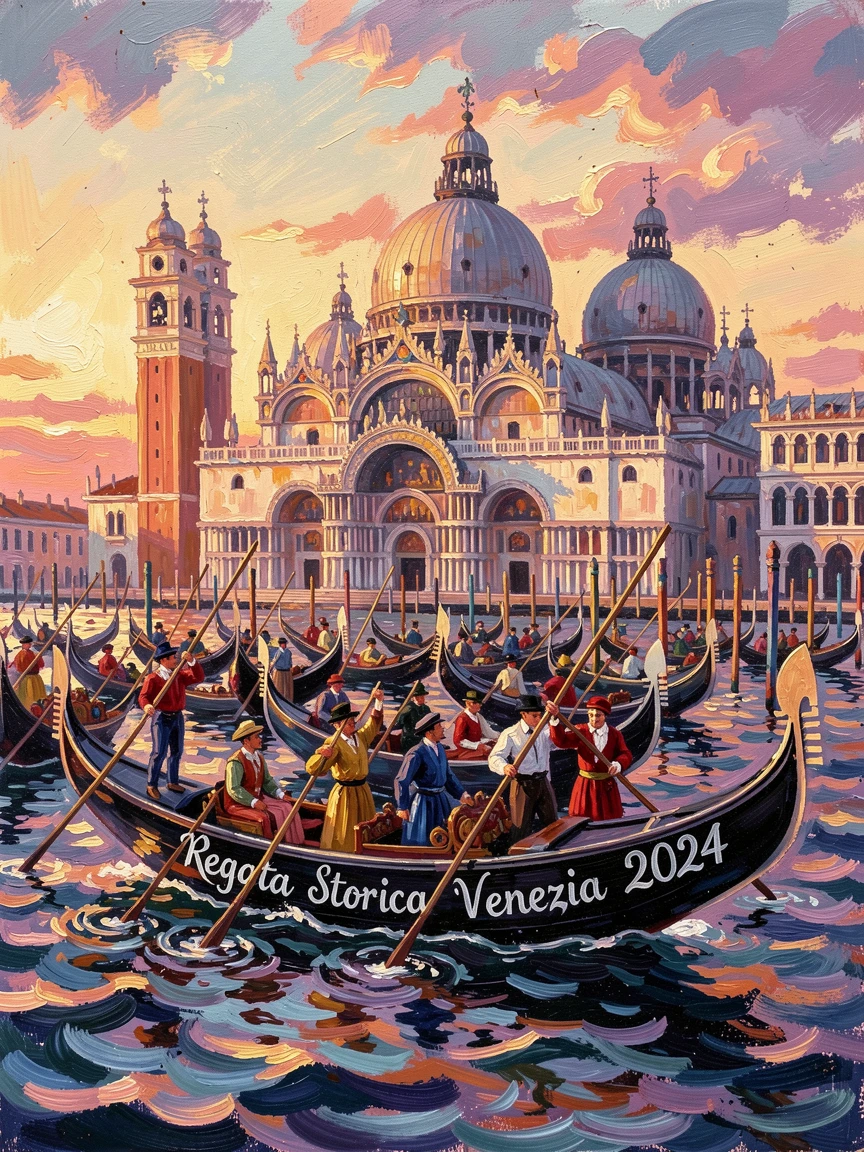 Traditional gondolas gathering for a regatta beneath the domes of St. Mark's Basilica.
