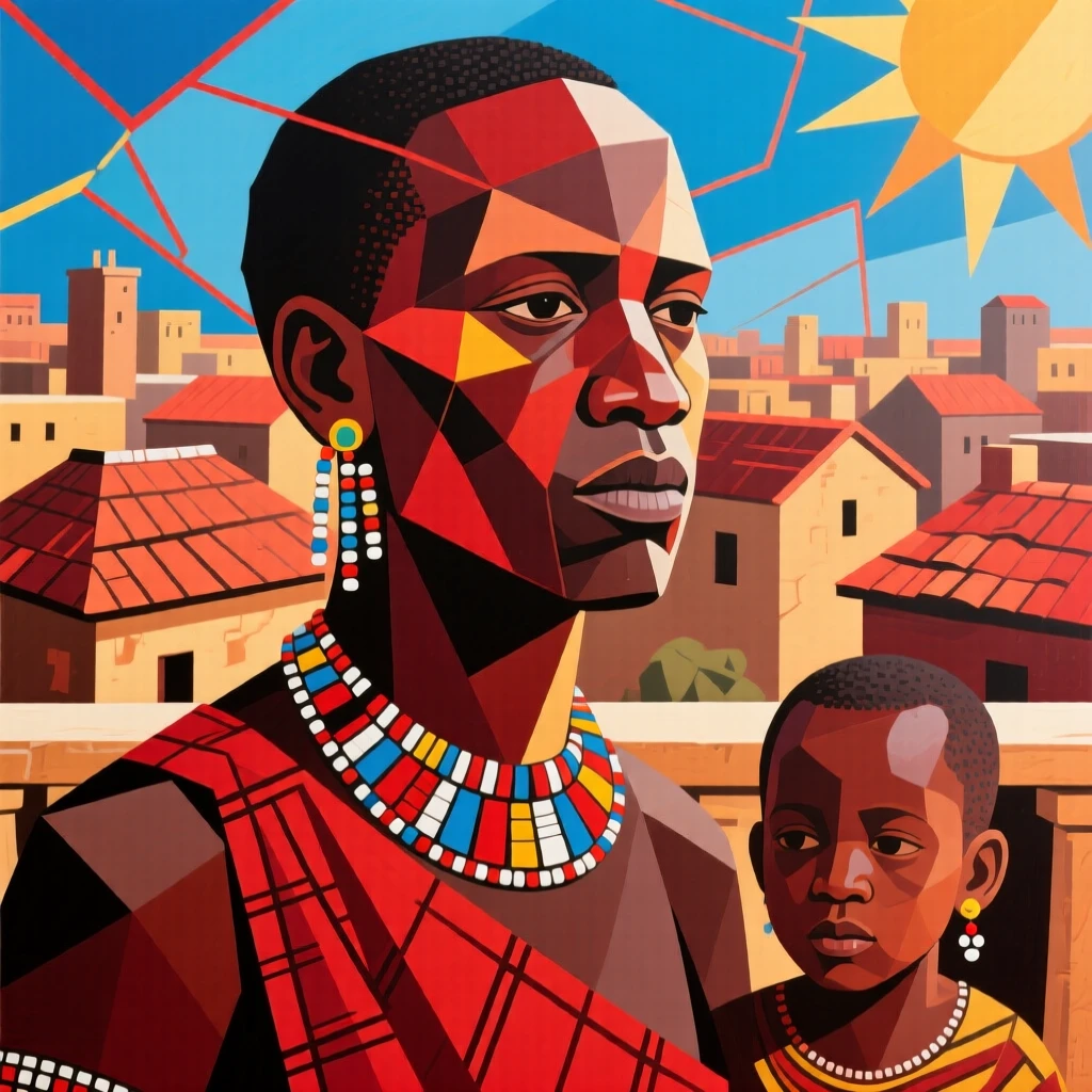A close-up portrait of a new father of Maasai heritage, radiating calm confidence, on a sunlit balcony overlooking rooftops.