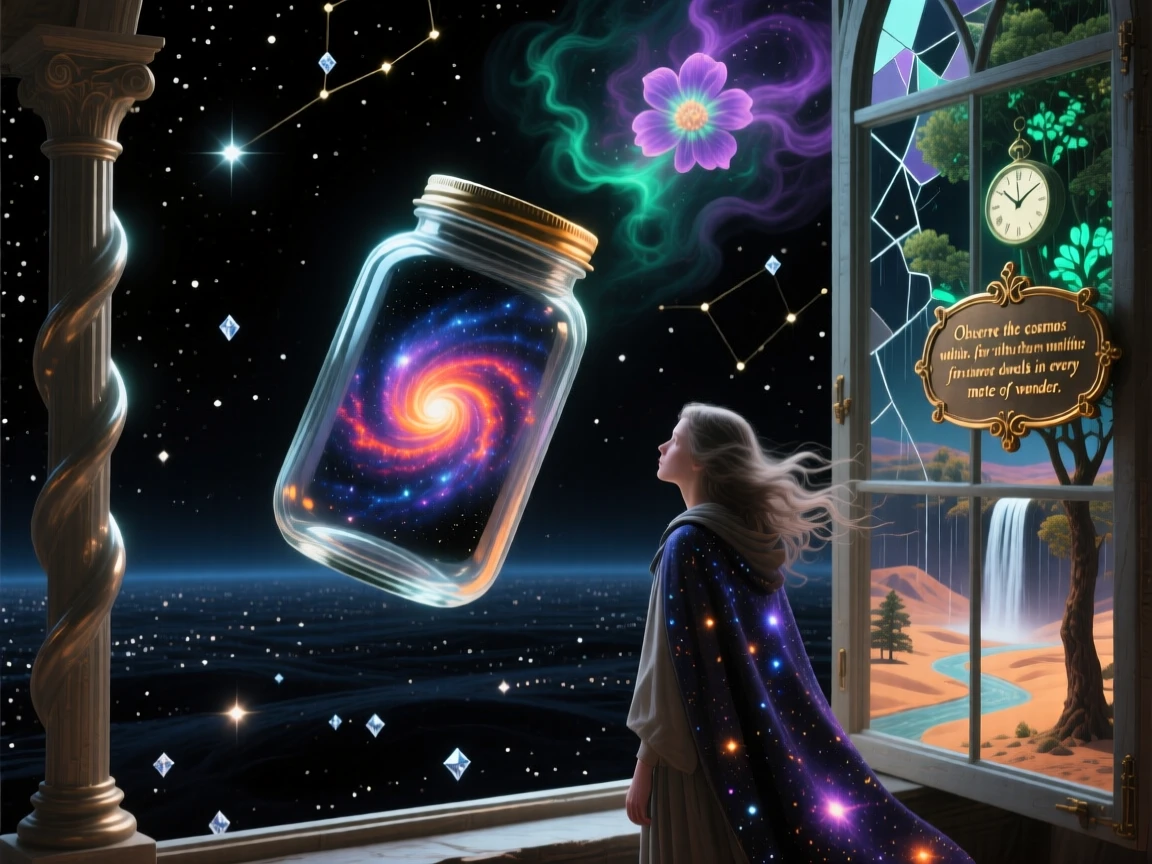 A galaxy spiraling slowly inside a simple glass jar drifts slowly through an endless field of stars, while a lone traveler watches from an open window.