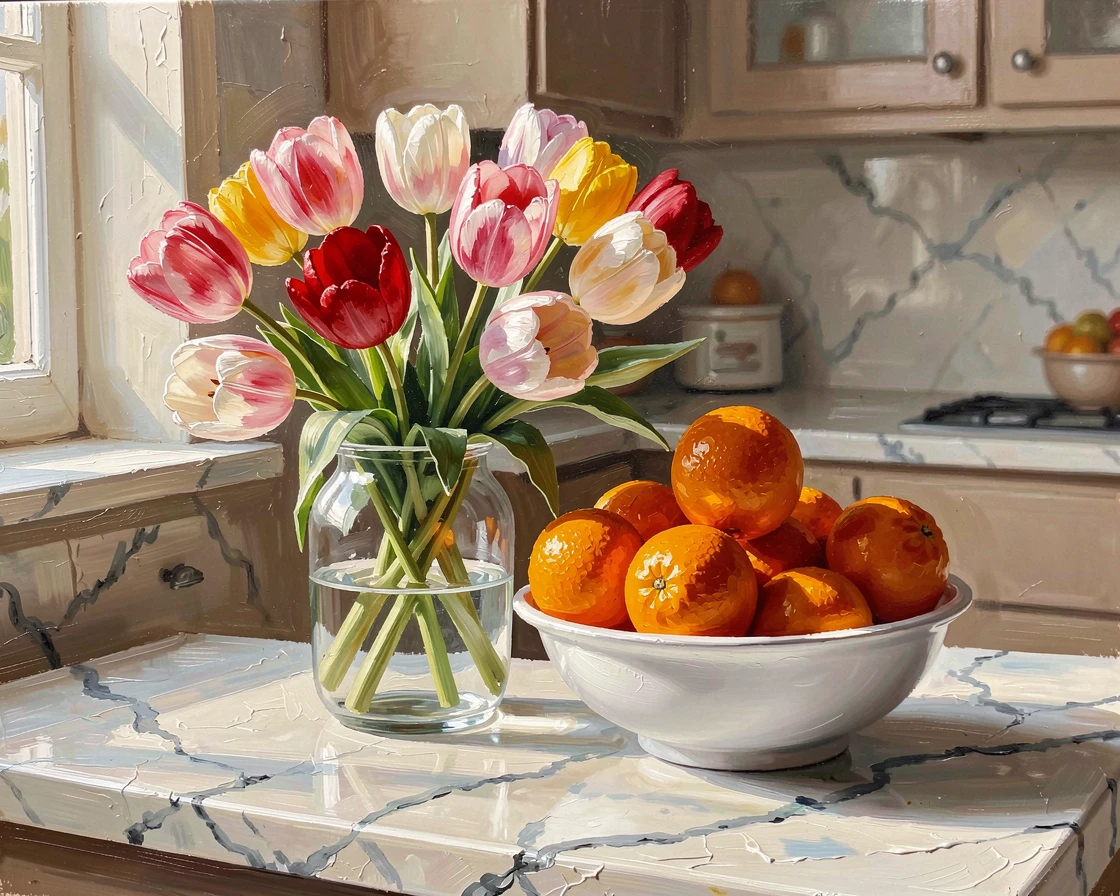 A bouquet of tulips in a glass vase catches morning light beside a bowl of fresh oranges on a marble kitchen counter, the whole scene holding a quiet, unhurried stillness broken only by distant natural sounds.