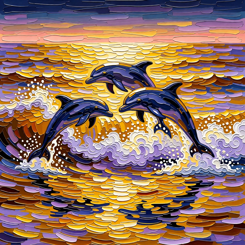 A group of spinner dolphins leaping together across a golden morning sea