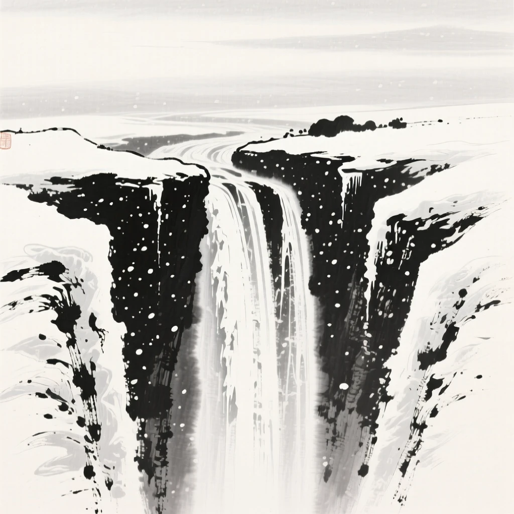 A frozen waterfall hangs suspended between two snow-covered cliffs, beneath a pale winter sky heavy with more snow to come.