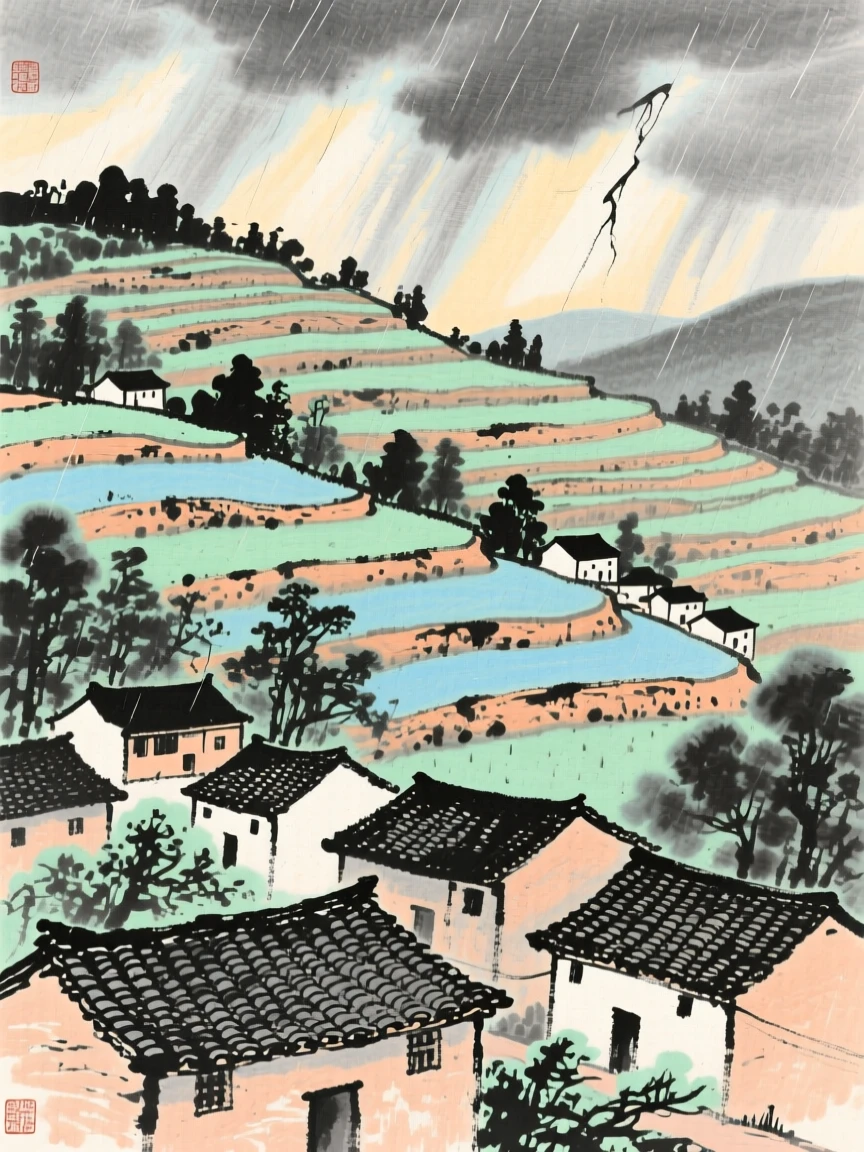 A terraced hillside village with tiled rooftops catching the light, carrying a mood of wistful nostalgia, under clearing skies after a storm, in the soft light of late afternoon.