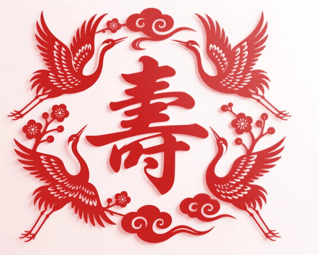 Five cranes arranged around a stylized longevity character, representing the five blessings of a fortunate life