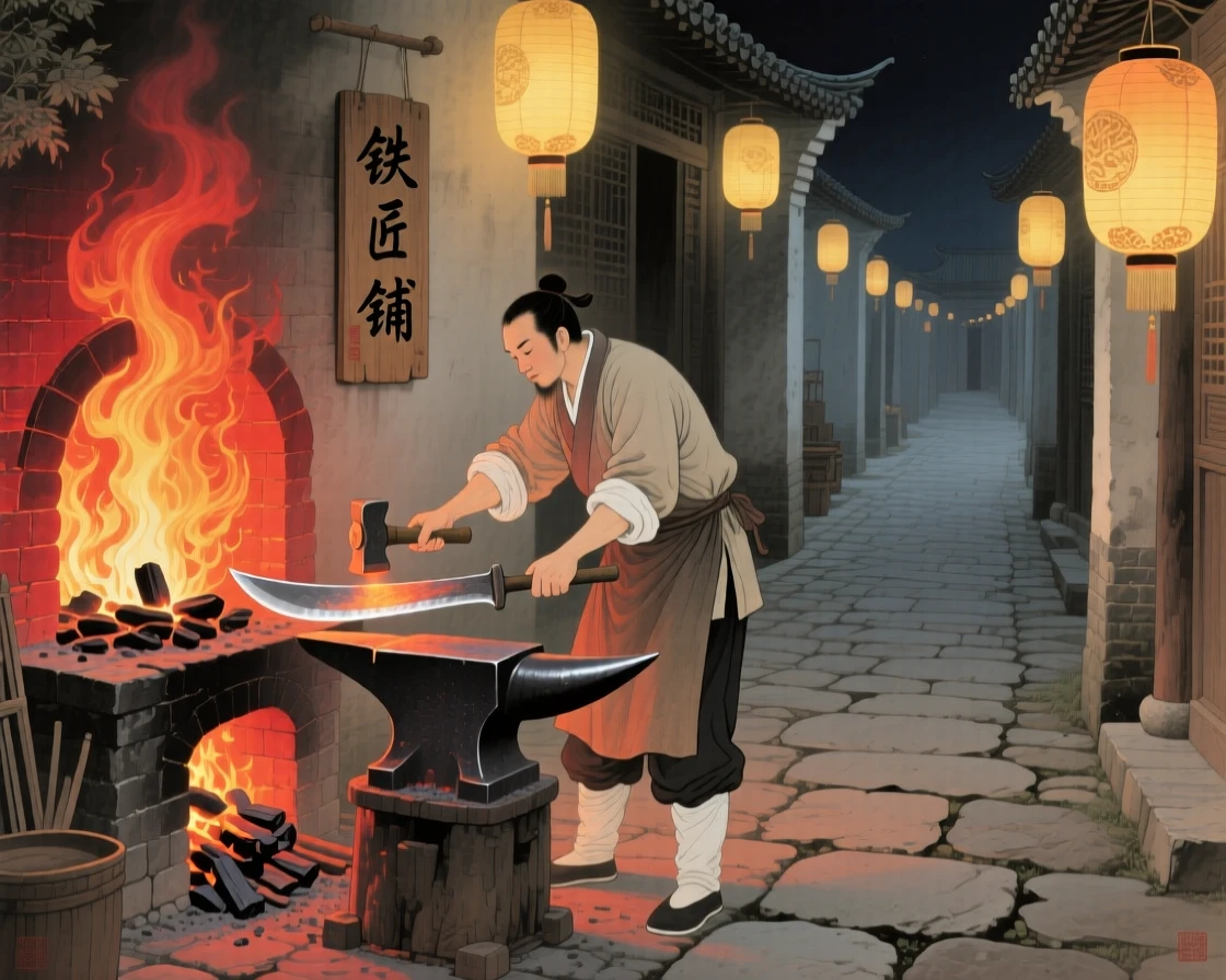 A blacksmith forging a blade beside a roaring furnace at night, with lanterns lighting the path ahead