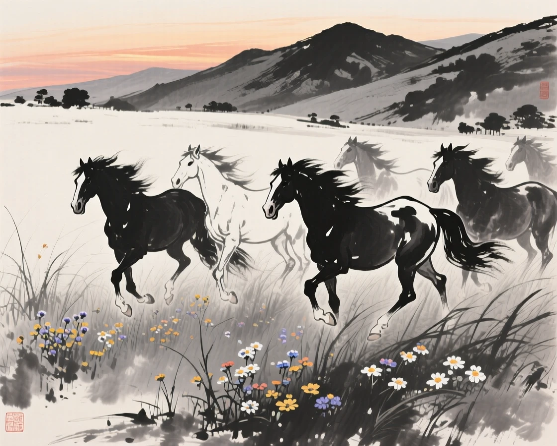 A herd of wild horses walking through tall grass at dusk among wildflowers on a mountain meadow, framed low to the ground for an intimate, close perspective, capturing a fleeting, tender moment of wild life.