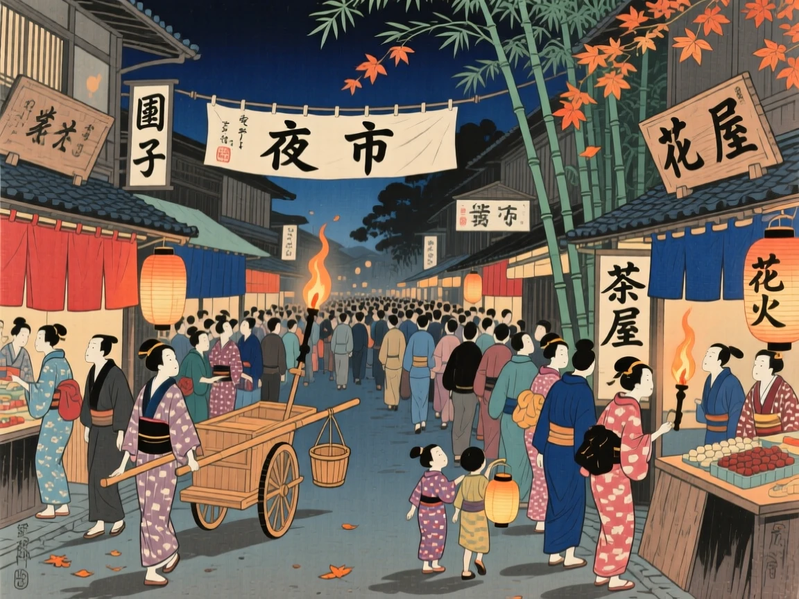 A crowded night market moving slowly through a torch-lit street.
