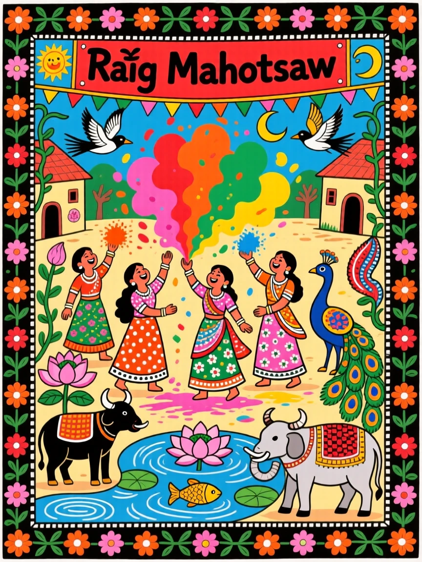 A festival of colors erupting across a joyful village square.