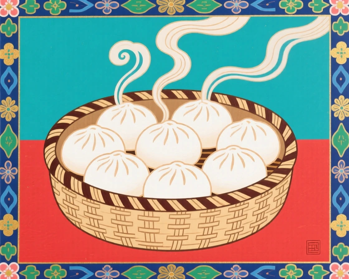 A basket of steamed buns with wisps of steam rising into the air.