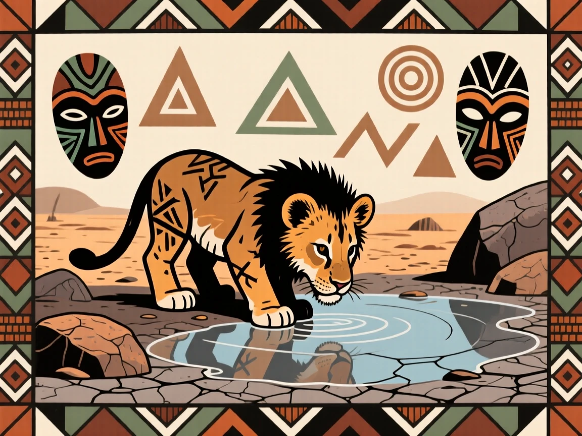 A lion cub gathering around a dwindling pool of water.