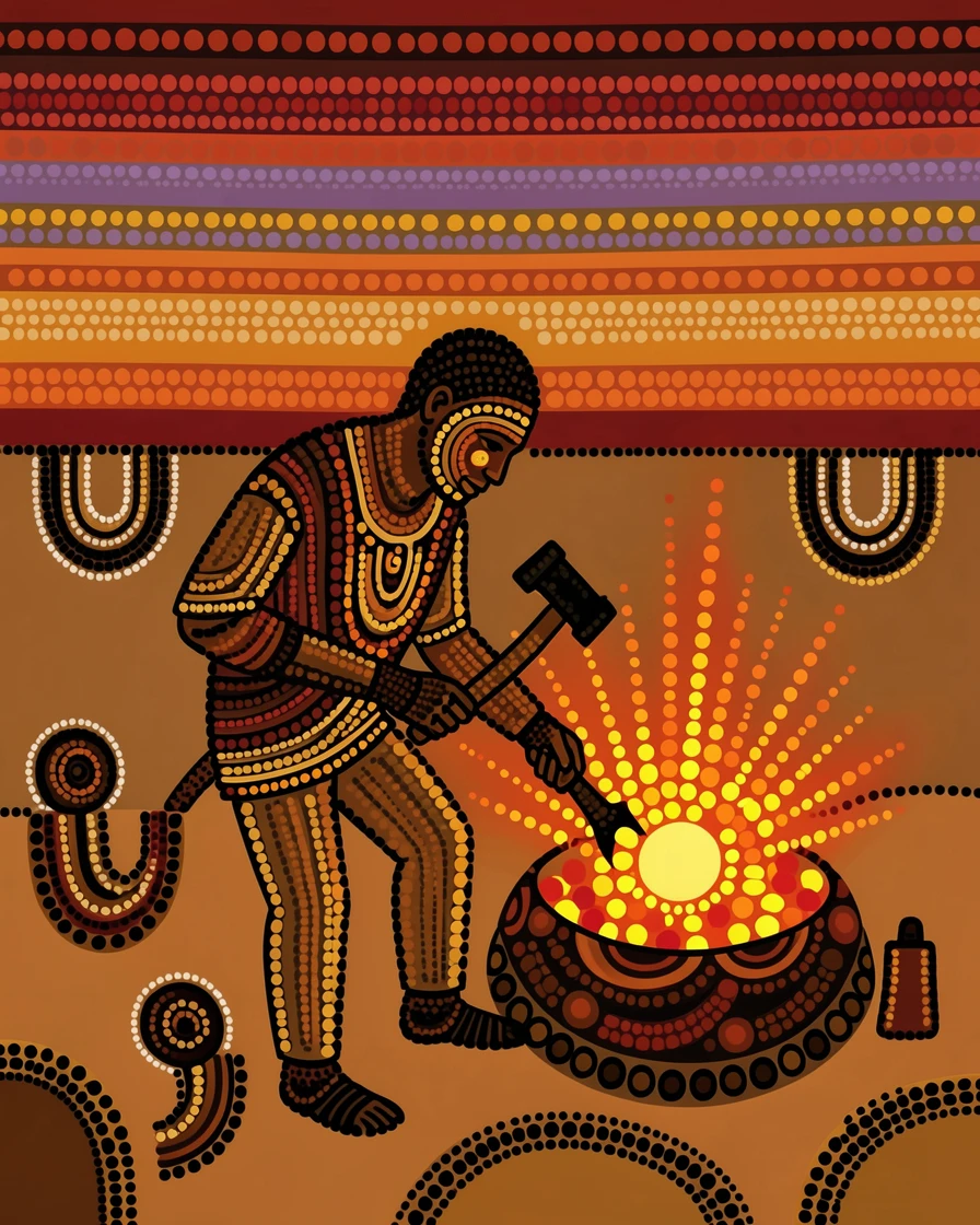A blacksmith working at a glowing forge at sunset