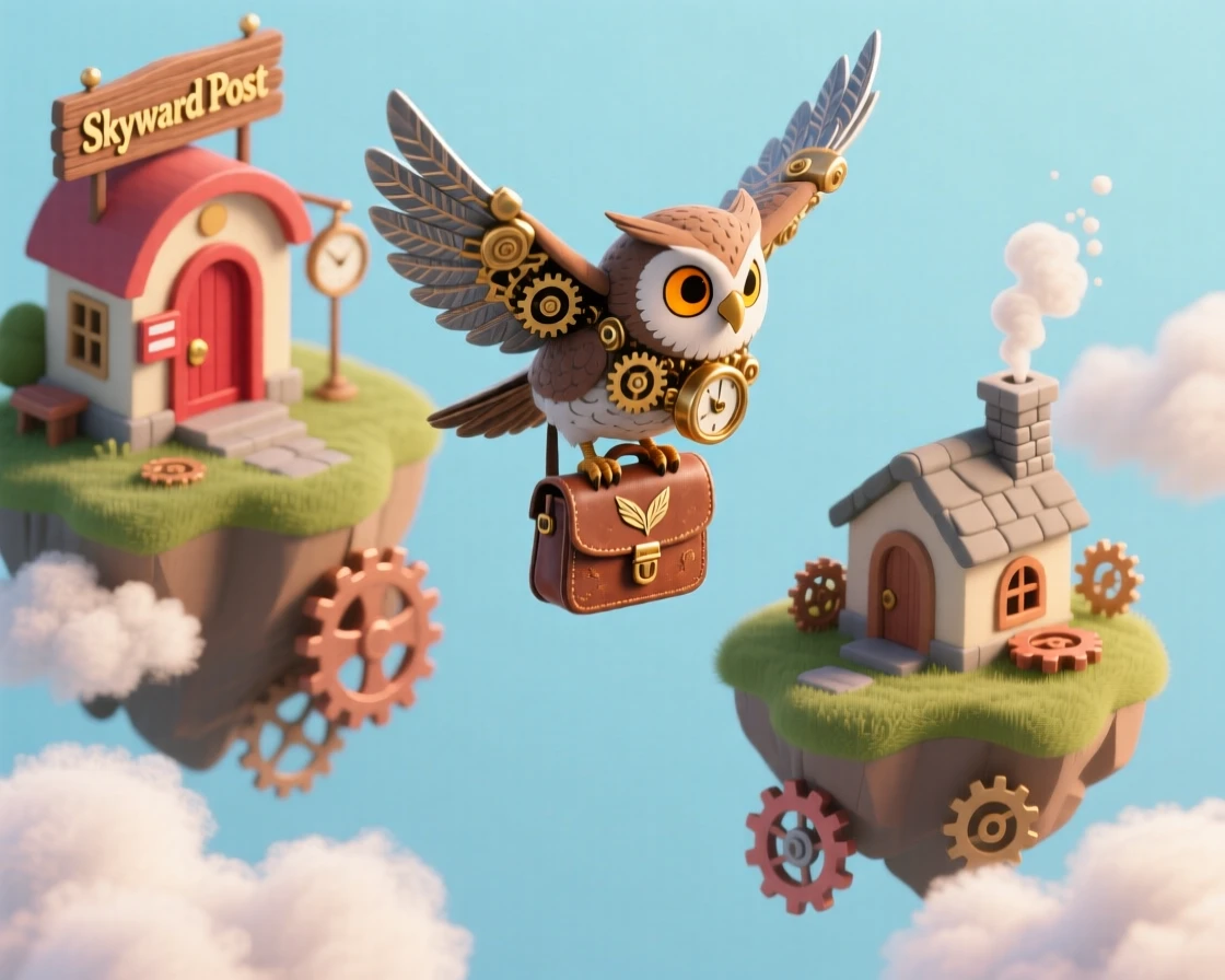 A clockwork owl delivering mail between floating islands, gears whirring softly as it navigates through drifting clouds.