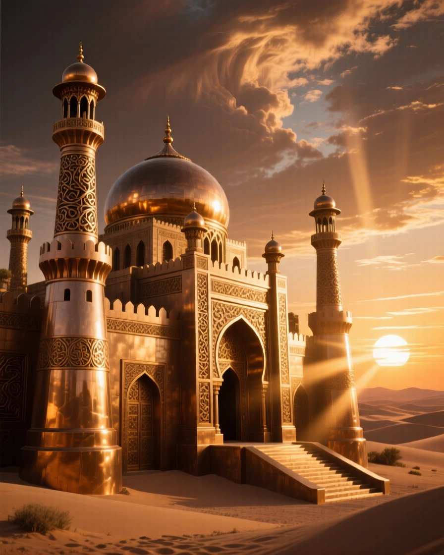 A majestic desert palace glowing at sunset, framed by a dramatic sky, exuding timeless grandeur