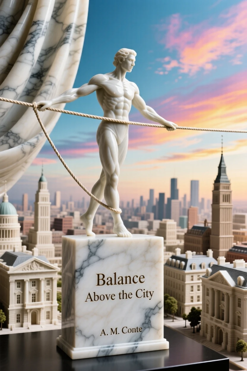 An evocative depiction of a tightrope walker balanced high above a city, under a brilliant, colorful sky, balancing detail with emotional depth