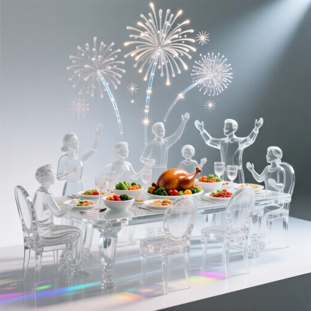 A table set for a festive holiday feast with family gathered around with fireworks lighting up the summer sky