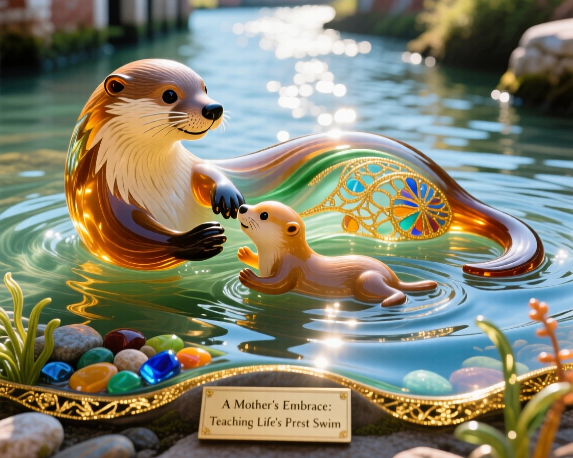 A mother otter teaching her pups to swim through a sunlit river, tender and joyful.