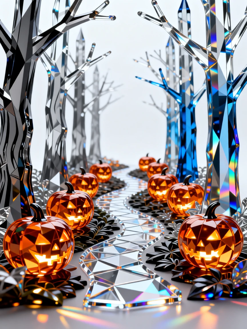 A haunted Halloween forest path lined with glowing carved pumpkins.