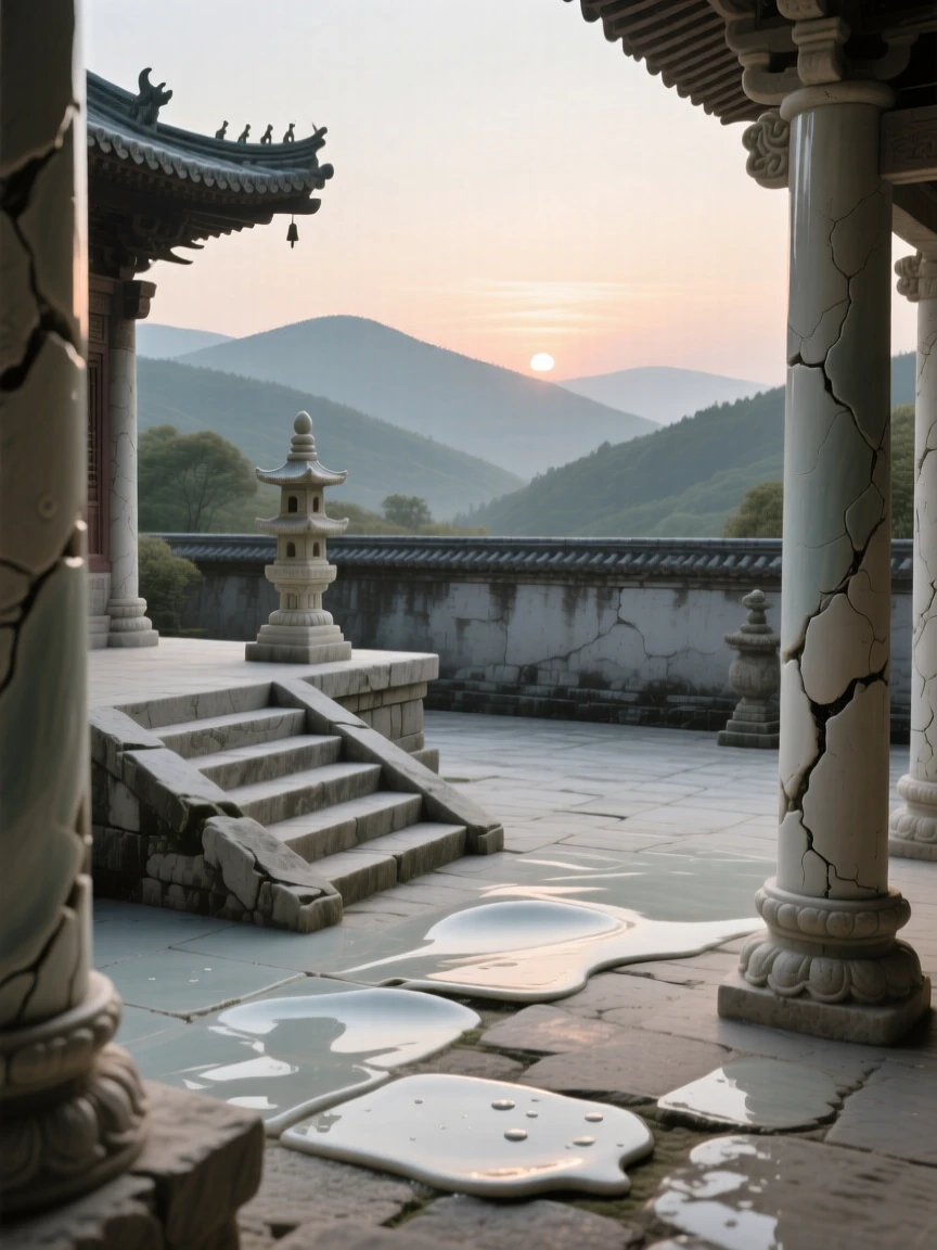 A serene temple courtyard at dawn framed by rolling hills in the distance, with weathered stone showing centuries of history, evoking timeless wonder and quiet grandeur.