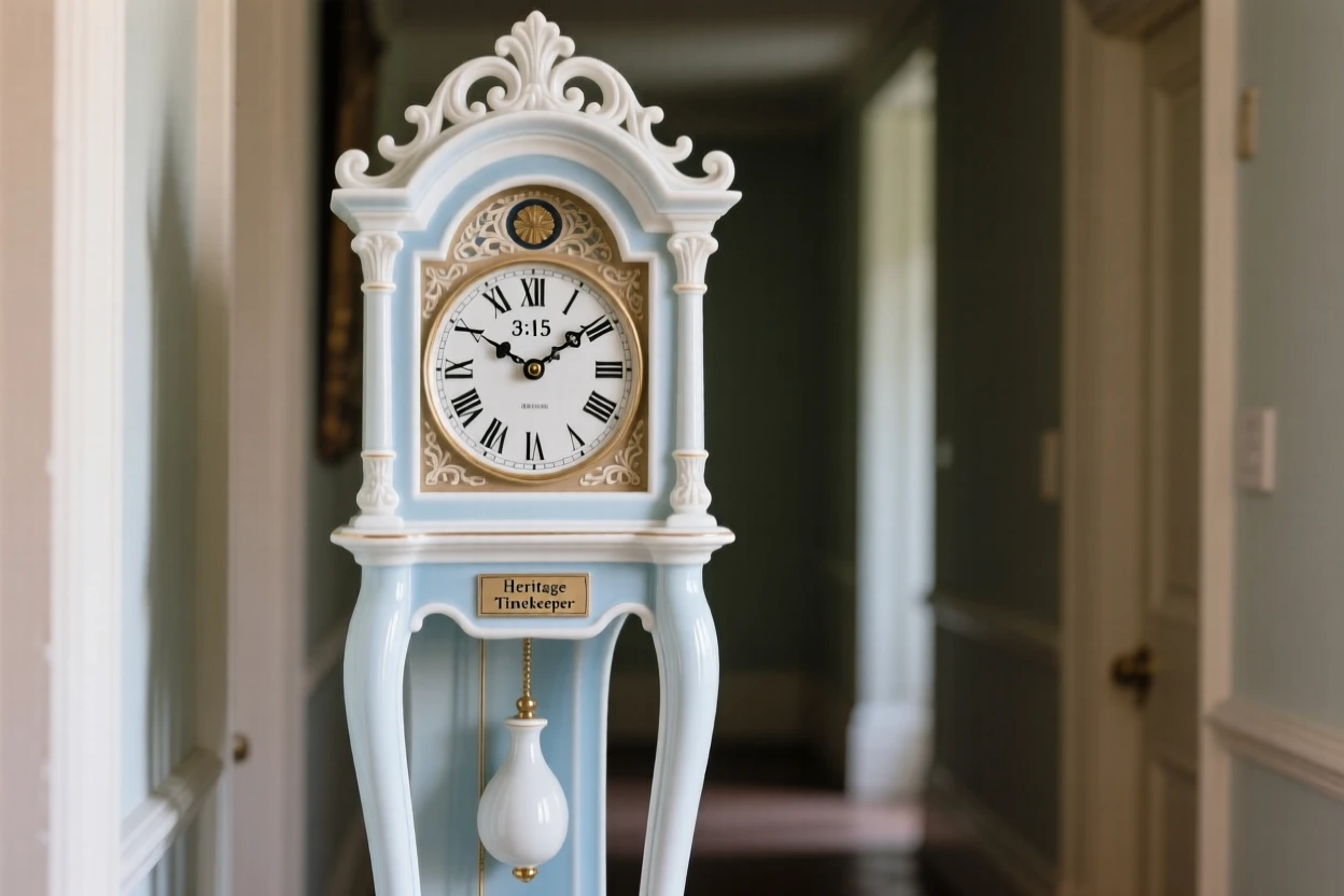 An elegant grand grandfather clock in a quiet hallway, exquisitely detailed and finely crafted.