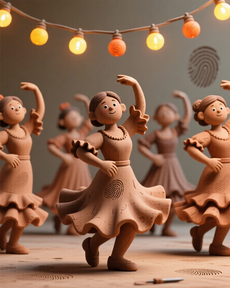 A group of dancers performing traditional Spanish flamenco under string lights