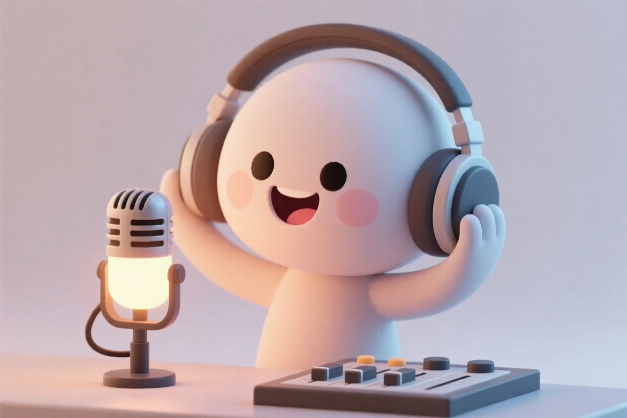 A cheerful radio DJ spins a favorite song, headphones on and grinning behind a glowing studio microphone.