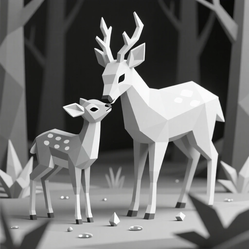 A fawn nuzzling close to its mother, in a quiet, dew-covered forest. delicate detail is visible in the fur and eyes. The mood is tender and intimate.