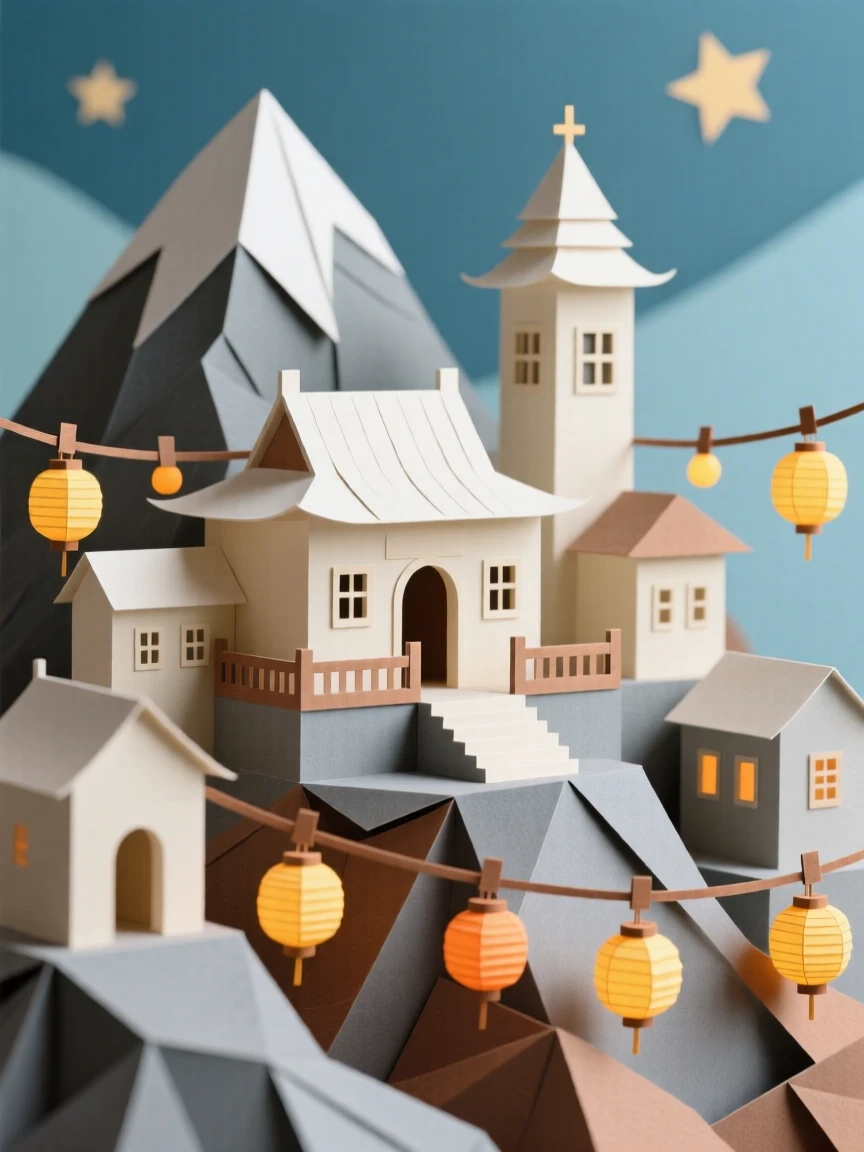 A serene mountaintop monastery illuminated by strings of warm lights, with fine architectural symmetry drawing the eye, conveying architectural ambition and scale.