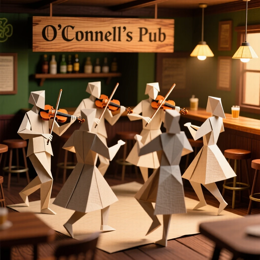 An Irish céilí dance celebration scene with musicians playing fiddles in a warmly lit pub.