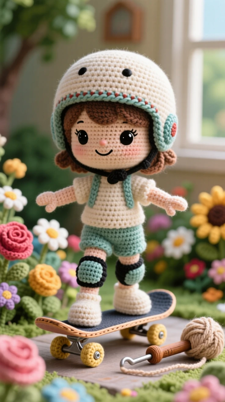 a little girl learning to skateboard, with knee pads and a helmet, balancing carefully with arms outstretched, in a home garden bursting with blooms, with a favorite well-worn tool resting close by, radiating patient concentration and creative satisfaction.