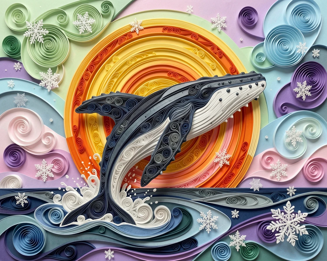 A striking wildlife scene of a humpback whale breaching against a setting sun beneath a sky shimmering with soft aurora colors, surrounded by softly falling snow, captured in a quiet, still, contemplative moment.