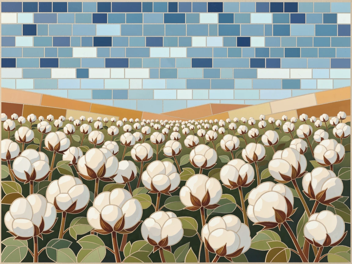 A peaceful field of cotton ready for harvest under a soft blue sky.