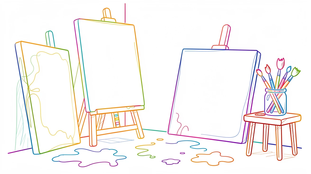 A quiet artist's studio with canvases, brushes, and paint splattered floors.