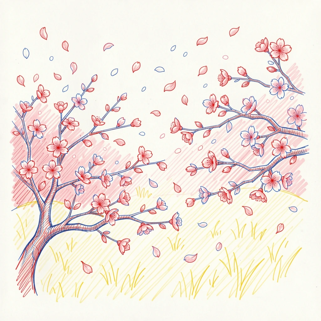 A field of cherry blossoms falling like pink snow in a spring breeze