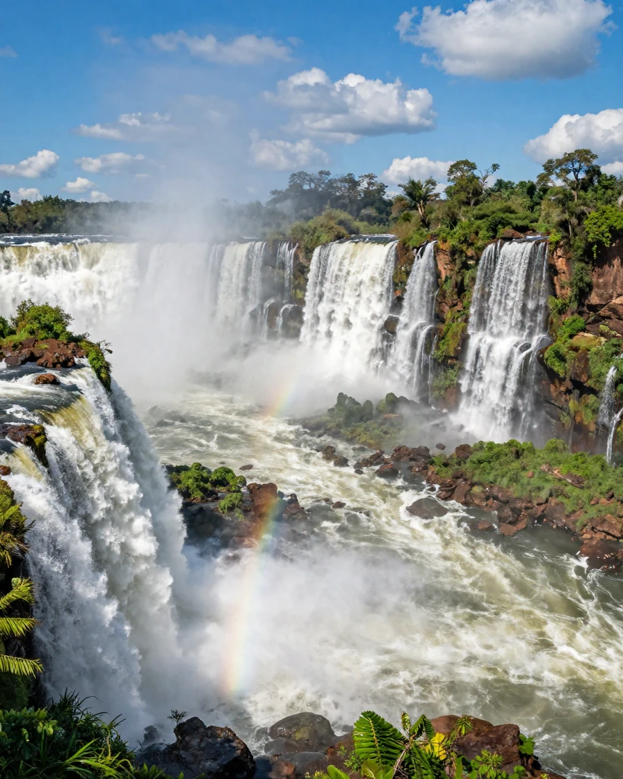 A Brazilian waterfall system at Iguazu roaring with mist